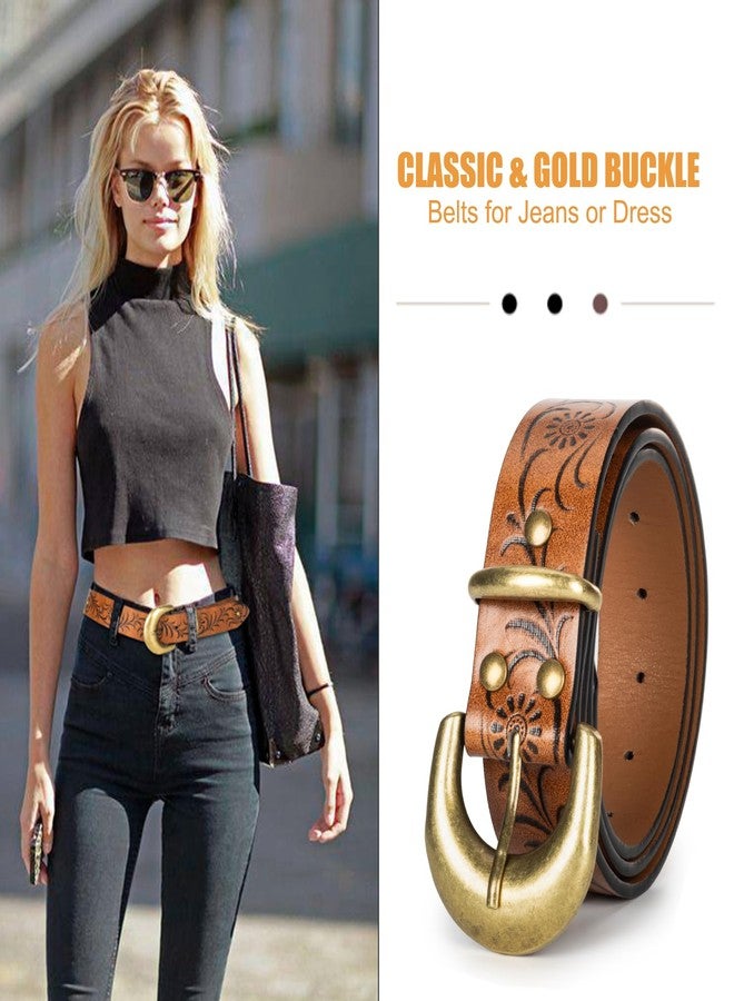 XuoAz Women Leather Belt for Jeans Pants Western Cowboy Cowgirl Belt Embossed Floral Country Belts with Gold Buckle - Image 2
